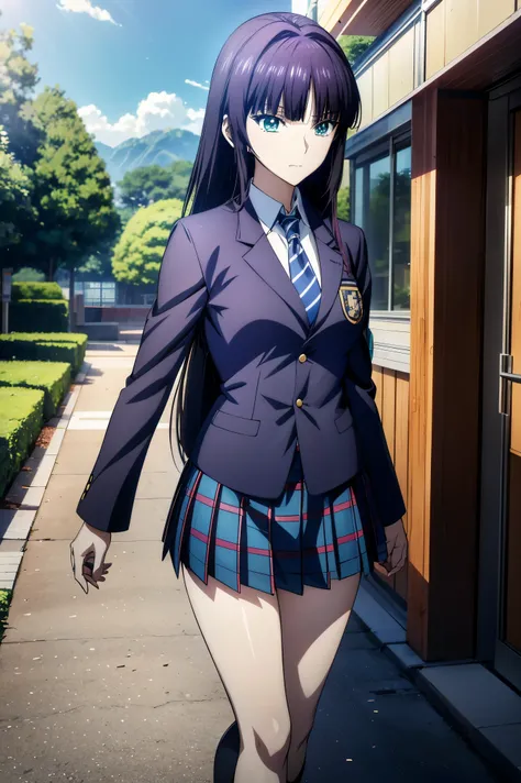 blazer uniform,赤 purple hair, green eyes, eyes like jewels, super high resolution, ((( green eyes))),赤 purple hair, beautifulアニメ高校の女の子,(Masterpiece:1.2, 最 high quality ), ( is present, photo is present:1.4), beautifulイラスト, ( natural light , Movie Scree...