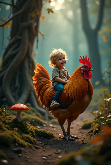 A the most beautiful a tiny playful happy bay, blond hair, wearing shirt, riding a large copper-hued rooster with a flame-like pattern in its feathers and a bright orange comb, close up,  in the forest near a clay path, tree stump, Amanita mushroom, in a b...