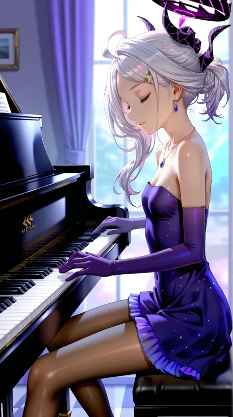 (from side,side view),1girl,Sorasaki Hina\(blue archive\),white hair,(updo),gloves,pantyhose,dress,closed eyes,piano,close up,sitting,jewelry,elbow gloves,horns,(playing piano),leaning back,brown pantyhose,purple gloves,long hair,necklace,purple dress,side...