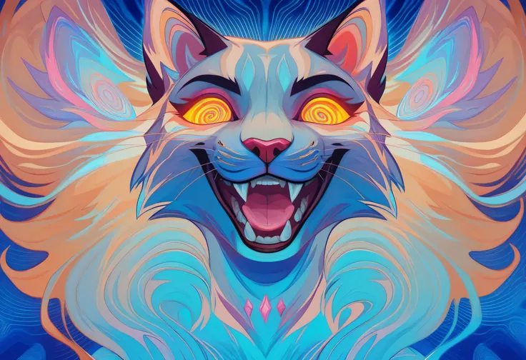 Light-colored cat with glowing eyes and swirly hair,  Cyril Roland depicting a blue background and a cat on a blue background , CG society trend,   Psychedelic Art , Beautiful neon cat,  Vector art by 、 Colourful and Detailed  , Cat Details, Awesome cat,  ...