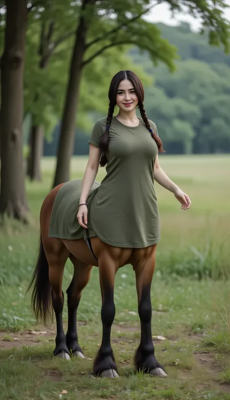 at close range. very detailed, 30 year old woman. long t-shirt, very detailed, female, horse centaur, (long t-shirt), (horse), long black hair, Belly visible, mature, standing on legs, big breasts 2.0, navel, big breasts 2.0. slightly fat, hair split into ...