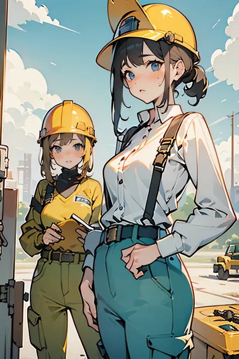 ( top quality,  high resolution),  Two girls working at a construction site  ,   long sleeve shirt,  cargo pants,  safety helmet, Work Belt, Height Safety Harness,  check construction progress on your tablet. ,a girl in a suit wearing a  safety helmet. , I...