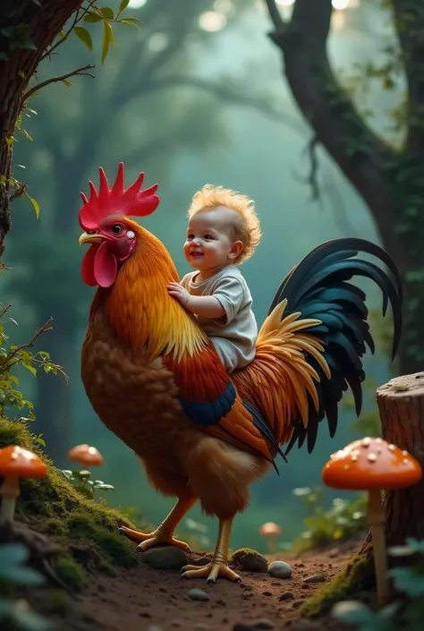 A the most beautiful a tiny playful happy baby boy, blond hair, wearing shirt, riding a large copper-hued rooster with a flame-like pattern in its feathers and a bright copper comb, close up,  in the forest near a clay path, tree stump, Amanita mushroom, i...