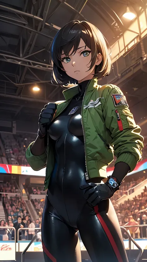 code Geass_anime, short black hair and green eyes, 1 person, Bright light, black hair, (masterpiece, Highest quality), 8k, Intricate details, (scifi bodysuit:1.5, bomber jacket:1.5, tight gloves:1.3, small breast, slim long legs:1.3), Ultra HD, Highly deta...