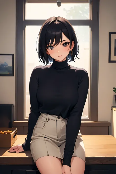  top quality)), ((Masterpiece)), (  Details), 1 girl,  black hair, short hair,Sweater