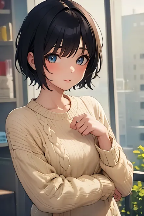  top quality)), ((Masterpiece)), (  Details), 1 girl,  black hair, short hair,Sweater