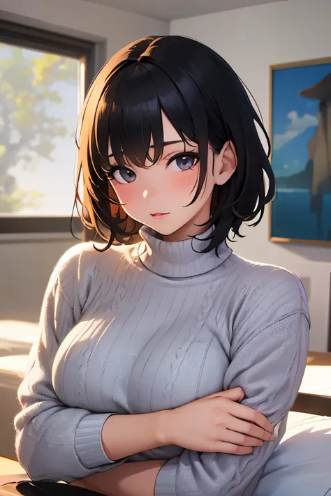  top quality)), ((Masterpiece)), (  Details), 1 girl,  black hair, short hair,Sweater,red face