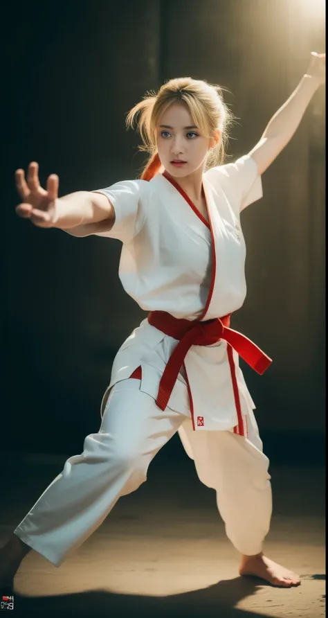 a beautiful blonde girl practicing karate, master karate, ponytail hairstyle, wearing a karate uniform, extremely large breasts, black belt, long karate uniform, wearing cloves karate, long pants, aggressive expression, angry face, (best quality,4k,8k,high...