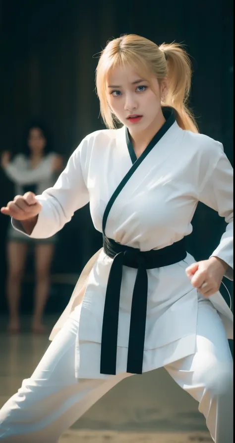 a beautiful blonde girl practicing karate, master karate, ponytail hairstyle, wearing a karate uniform, extremely large breasts, black belt, long karate uniform, wearing cloves karate, long pants, aggressive expression, angry face, (best quality,4k,8k,high...