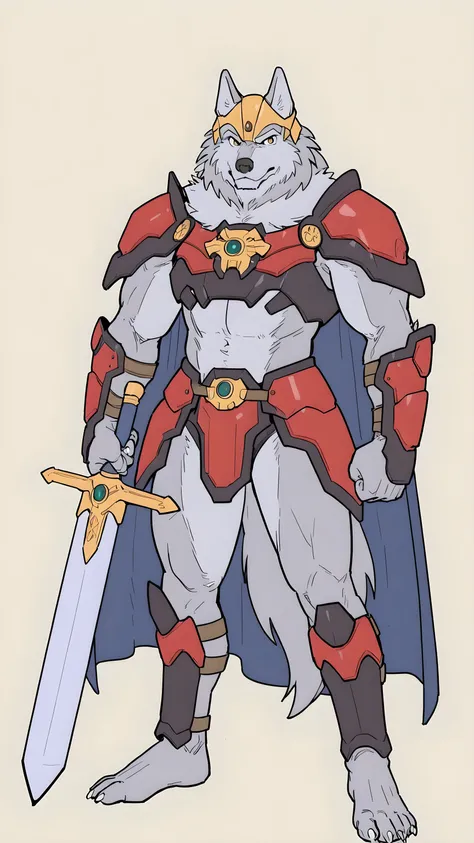 greyfus, wolf, flat color, male, muscular, simple background, looking at viewer anthro, speedos, armor, cape, full body, holding a sword, bare feet