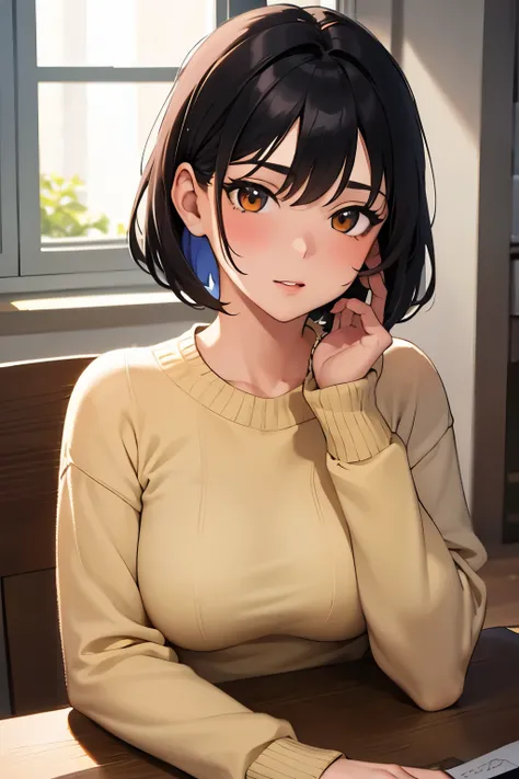  top quality)), ((Masterpiece)), (  Details), 1 girl,  black hair, short hair,Sweater,red face