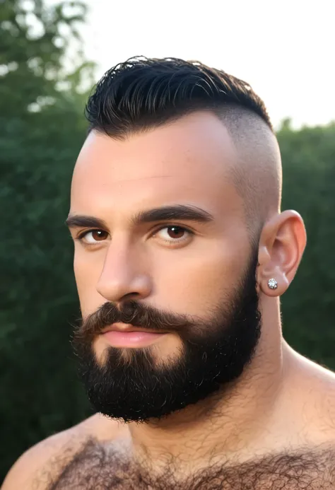 score_9, score_8_up, score_7_up, (bearded man:1.2), long beard, well trimmed beard, short black hair,outside, detailed background, hairy chest, 30 years old, looking at viewer, shaved hair, mixed race, earrings