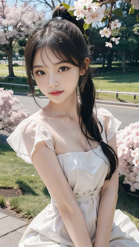 urban park,wearing a spring dress in soft pastel colors, such as pink or white, standing under a row of cherry blossom trees in full bloom,Close up face,The highest image quality, High quality, the background is clear,Beautiful woman, Japanese,Ultra-detail...