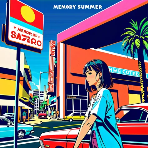 (masterpiece, best quality:1.1),90s record cover art,city-pop,title of the song is "memory of summer",Red car,Palm tree,girl's profile,seaside street, inspired by Hiroshi Nagai cmyk palette,illustration by Hisashi Eguchi,(blue outline),