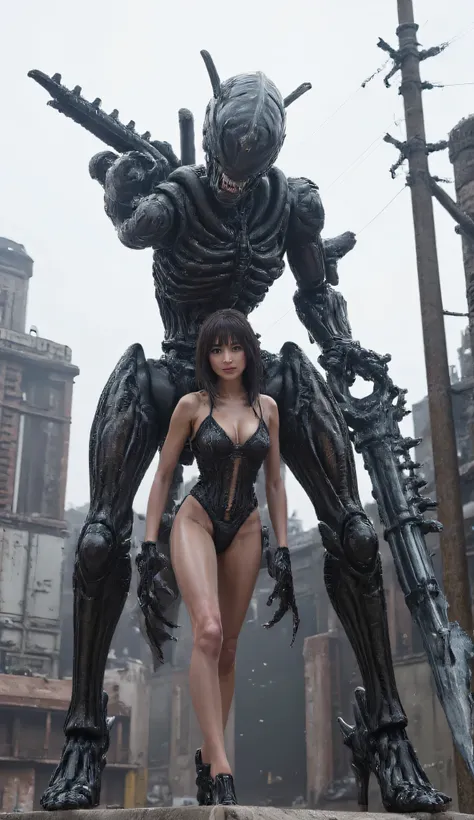 God Eater, a gorgeous Japanese girl in a deep V sheer lace mini dress, stockings, and gorgeous super high heels, standing in a dystopian urban setting, holding a huge, highly detailed mechanical chainsaw-like sword, It's filled with complex mechanical part...