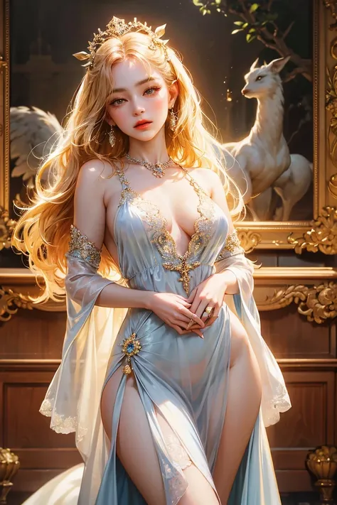 Noble goddess，posing elegantly，Stately atmosphere，face to the viewer，looking to the camera，Best quality、tmasterpiece、A high resolution、1girll、Porcelain white silk porcelain dress，Nice face、busty figure，hair adornments、looking at viewert、cparted lips、shift ...