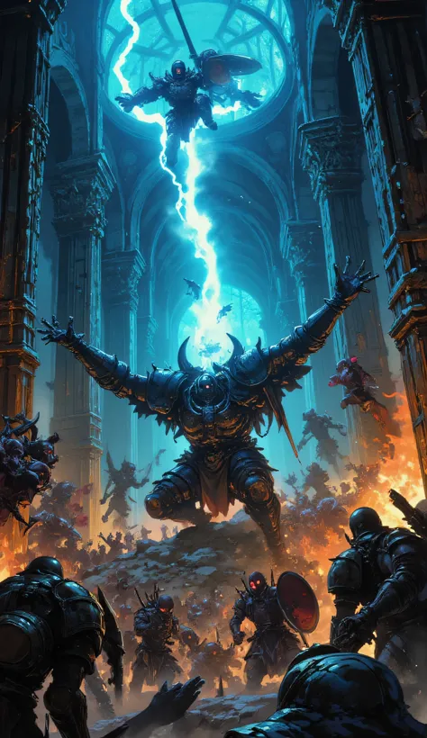 (masterpiece:1.4), (high-action dark fantasy battle), (cinematic lighting), (16K wallpaper), (massive gothic hall filled with swarming undead:1.4), (skeleton warriors in tattered armor wielding cursed weapons:1.3), (ghouls leaping from the shadows, eyes gl...