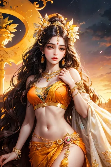 Goddess parvati, realistic style, closeup shot, in a ((orange))and ((yellow))combination indian dress(saree or lahaenga choli), having perfect proportional body, ((body is fully covered with clothes)) ((no skin show)), slim waist, and toned skin, long blac...