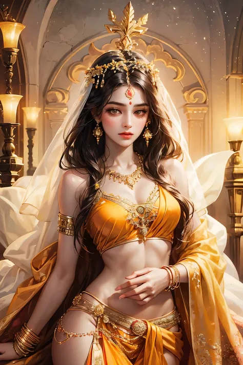 Goddess parvati, realistic style, closeup shot, in a ((orange))and ((yellow))combination indian dress(saree or lahaenga choli), having perfect proportional body, ((body is fully covered with clothes)) ((no skin show)), slim waist, and toned skin, long blac...