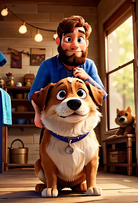 CREATE AN IMAGE OF A WHITE MAN WITH CUTE EYES AND A BEARD SHAVING A DOG IN A PET SHOP ROOM in Disney Pixar style, High quality, best quality