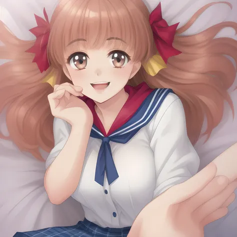 (highest quality, masterpiece: 1.6), (A (too beautiful graceful date-game heroine) is lying down on a expensive bed and (laughing at me with their pretty open mouth and lovely lips), can't stop giggling, (covering her own breast lovely ribbon with both han...