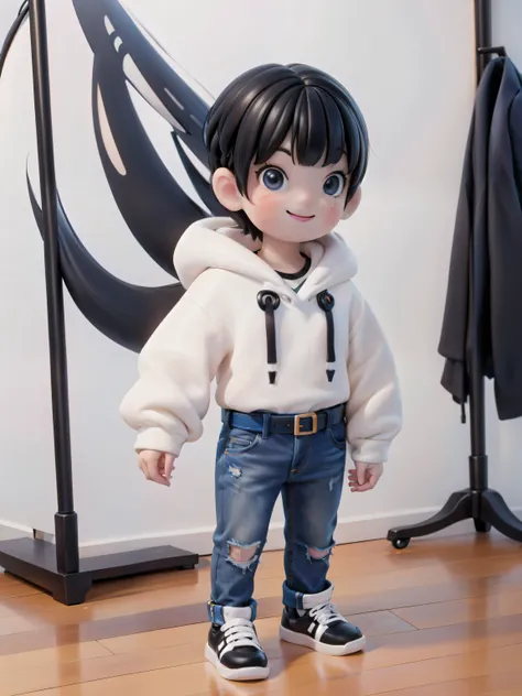 a small (boy) smiling, white sweater hoodie, jeans, belt, shoes, stand up, front view, no background