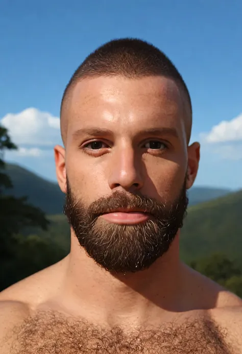 score_9, score_8_up, score_7_up, (bearded man:1.2), long beard, well trimmed beard, short black hair,outside, detailed background, hairy chest, 30 years old, looking at viewer, shaved hair