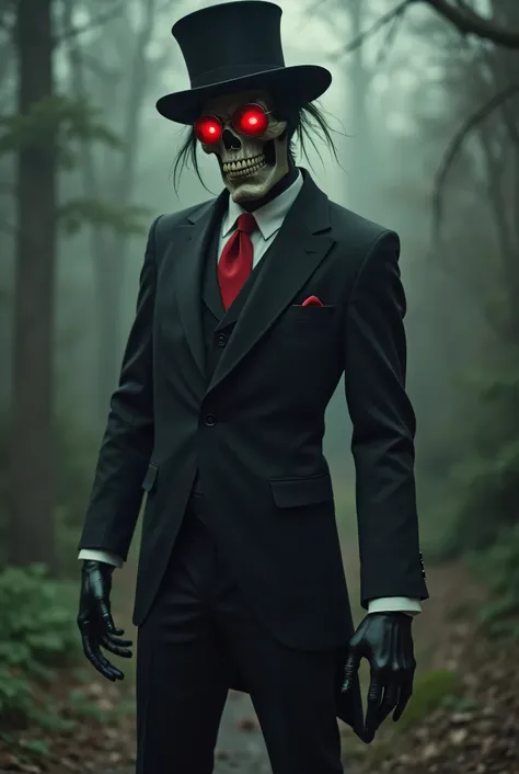 A Tall Evil Skeleton wearing a Black Suit, Black Dress Pants, Black Dress Shoes and Black Gloves with a Red Tie, some Black Condensed Hair and a Black Tophat on his head. He's also wearing some Black Sunglasses with Red Tinted Lenses. He's in an Eerie sett...