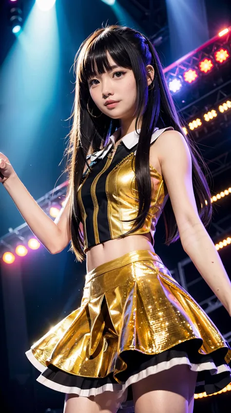 A highly detailed and anatomically accurate illustration of a Japanese high school girl, around 18 years old, standing on a live concert stage. She has semi-long straight hair with bangs and is wearing an elaborate stage outfit designed for performance, fe...