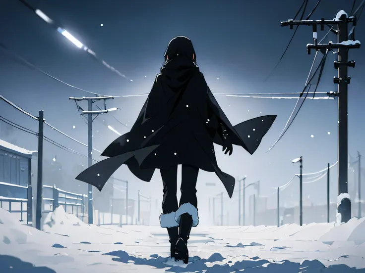  anime style、winter、night、Snowfield、heavy snow、Snowstorm、 snowy background 、 one woman（Back view、 Wear a Black Cloak 、My hair is fluttering、black slim pants、 long boots）