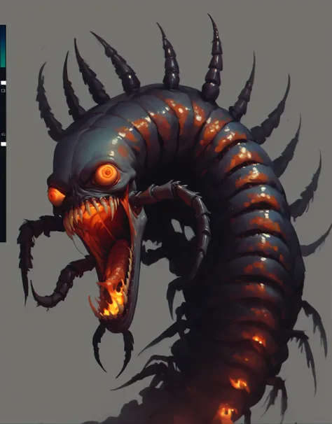 scary monster,  creepy centipede , lots of eyes , fire, teeth, lots of legs ,  scary monster 