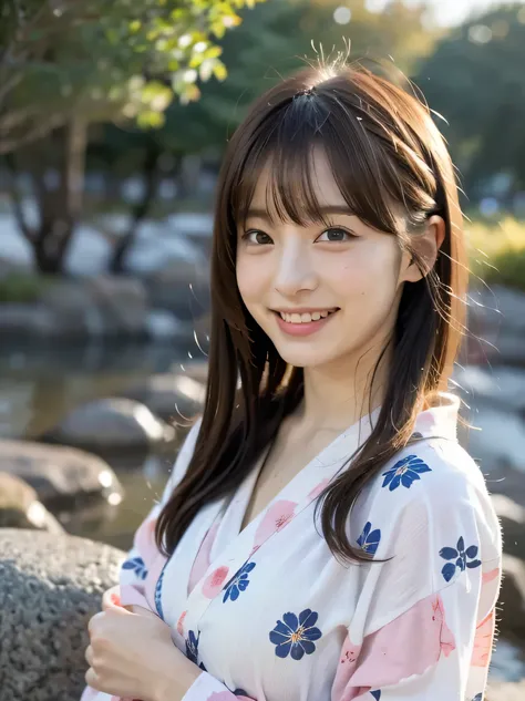 1 girl, solo, long hair, hair parted to the middle,Hair tucked behind ear,Hot Spring Town,Kusatsu,Yubatake ,yukata, happy/joy, Light blush, Hair ties, high resolution, look, top quality, anatomically correct,