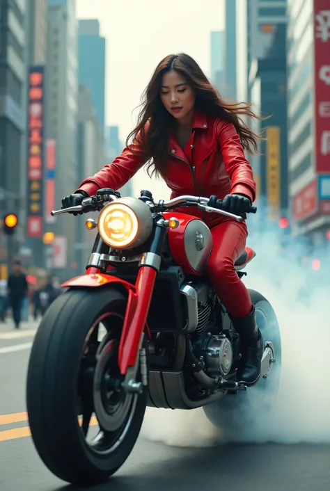 1girl, 30 year old Korean woman,long and wavy hair,stocky body,wearing a red jacket,red pants, and black boots,is riding a motorbike of the future with a red and silver body,with large and wide wheels full speed,emitting thick smoke from the exhaust on the...