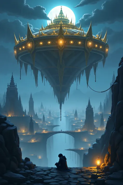 An anime-style illustration of a majestic floating vault suspended above the clouds, resembling a golden wasp’s nest encrusted with diamonds. Its gilded edges gleam under the cold moonlight. Below, the vast city of Skyreach stretches across floating island...