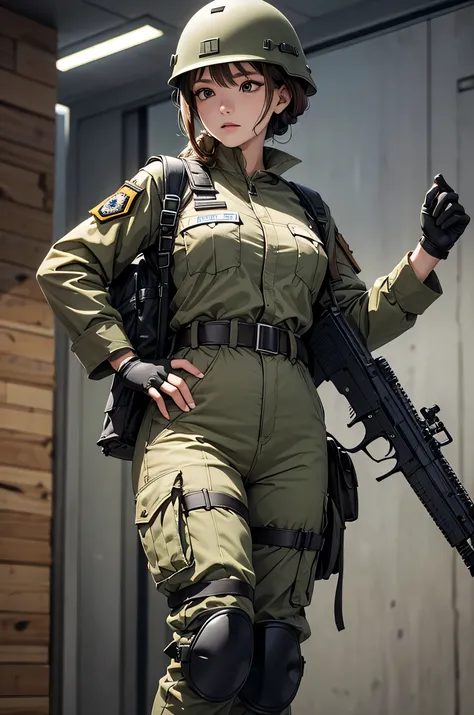  a female special soldier 、Front 、 stands guard with a gun、 wearing a steel helmet 、Wearing a beige military uniform （  black multi-pocket zipper top ）、 black oblique belt 、Tactical shoulder strap、Magazine Pouch，Gloves、Military Pants、Knee pads， write detai...