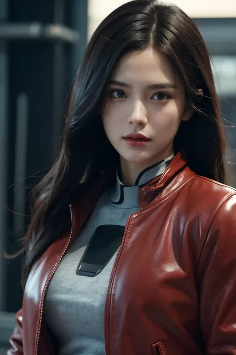  A woman ,   Dark hair ,  long hair , japanese, red leather jacket,  cue  ,   futuristic city style signal , ((  masterpiece )), (( best quality )),  cue   style, detroit become human style.