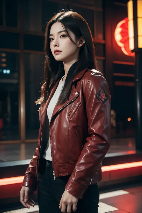  A woman ,   Dark hair ,  long hair , japanese, red leather jacket,  cue  ,   futuristic city style signal , ((  masterpiece )), (( best quality )),  cue   style, detroit become human style.