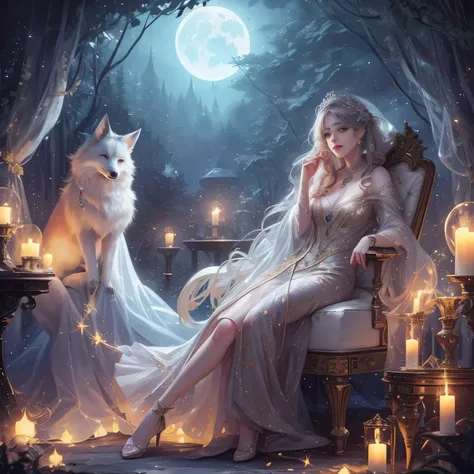 masterpiece， highest resolution ，moon，firefly，forest，fox，Wolf，Beautiful aristocrat's full body ，Exquisite Hairstyle ， Shiny Eyes ， hair decorated with exquisite and delicate floral craftsmanship, crystal、 Diamond Jewellery Silk ， Super Fine Detail ，enlarge...