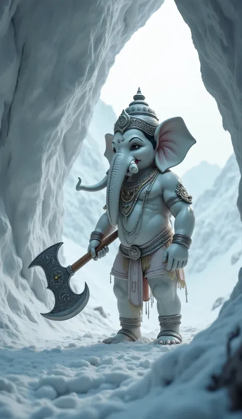 a sharp axe weapon hitting lord ganesh's left tusk with cute elephant head and half human body and with white skin in a cave of snow mountains