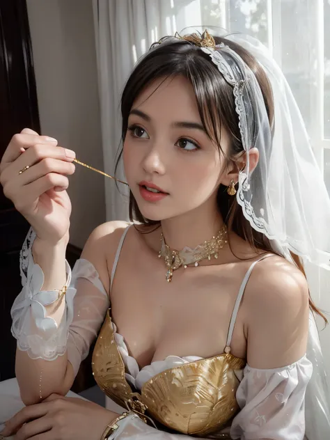 hide behind a lace curtain:1.2、silhuette:1.2、front facing、I can only see your face、Particles of light:0.5、（Sexy white belly dance costume with beautiful and luxurious decorations:1.5）、（(Gold bangles and ankle rings with luxurious details）（Luxurious gold ne...