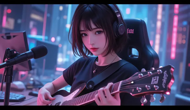 (masterpiece,  top quality:1.2), An overdose-style cyberpunk illustration with dark tones and strong contrasts。A young Japanese woman is wearing headphones、She is sitting in a gaming chair and playing an electric guitar。In front of her is a microphone and ...