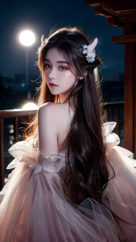Long flowing brown hair,Fluorescent eyeshadow,Glowing pale eyes,Moon,Demon-free,Plush ears,moonlight,Flowing tulle,Best picture quality,Transparent flowers,Gradient petals,Flower hairpin,Noodles