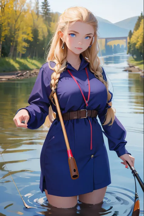  A beautiful girl from a Russian village is fishing with a fishing rod on the riverbank. She is 20 years old . Breast size 5 . Blonde hair gathered in a braid  .  blue eyes . 