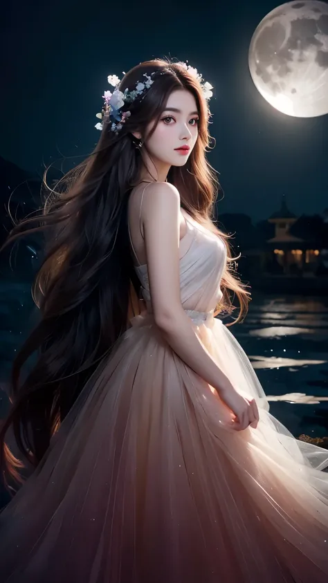 Long flowing brown hair,Fluorescent eyeshadow,Glowing pale eyes,Moon,Demon-free,Plush ears,moonlight,Flowing tulle,Best picture quality,Transparent flowers,Gradient petals,Flower hairpin,Noodles