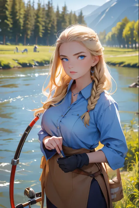  A beautiful girl from a Russian village is fishing with a fishing rod on the riverbank. She is 20 years old . Breast size 5 . Blonde hair gathered in a braid  .  blue eyes . 