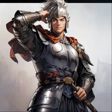 ( top quality,4K,8k, high resolution,masterpiece:1.2),super detailed,(super fine illustration),((( man in armor drawn in anime-style illustrations))),20 years old,Heroes of the Three Kingdoms,((Beautiful neutral boy )), detailed eyes:1.2, perfect eyes,(( A...