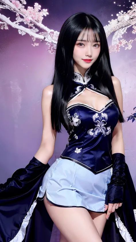     pretty woman,      black hair    ,   Long straight hair，Elegant ，Smile,  actual , Full HD,  ( white short cheongsam  ，blue patterned clothing， black gloves ) ，ultra-short skirt， Lace，Lace waistband short skirt，Curved Body，Magnificent views ， gorgeous d...