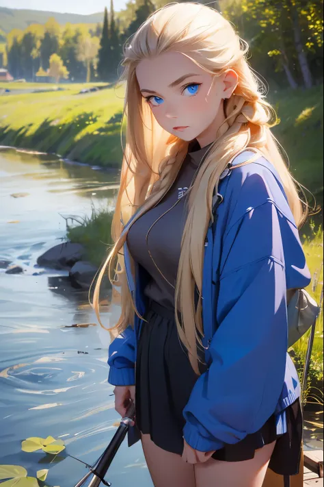  A beautiful girl from a Russian village is fishing with a fishing rod on the riverbank. She is 20 years old . Breast size 5 . Blonde hair gathered in a braid  .  blue eyes . 