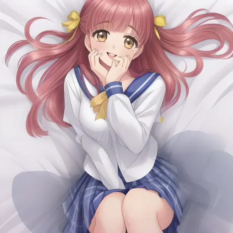 (highest quality, masterpiece: 1.6), (A (too beautiful graceful date-game heroine twins) is lying down on a expensive bed (in a too lewd dream) and (laughing at me with pretty open mouth and lovely lips), can't stop giggling, (covering her own mouth with b...
