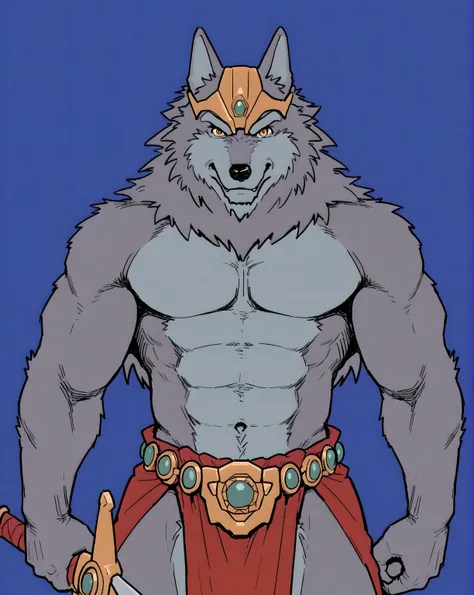 greyfus, wolf, flat color, male, muscular, simple background, looking at viewer, anthro, belt, loincloth, bare chest, half body, holding a sword,